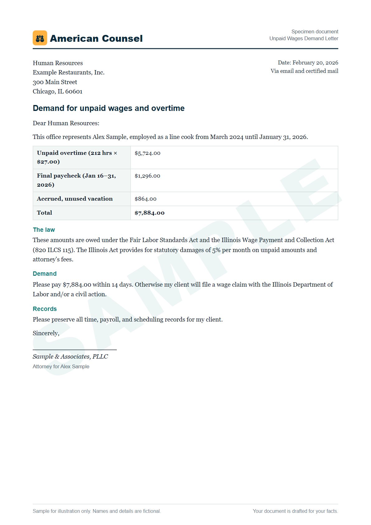 Sample Unpaid Wages Demand Letter prepared by our lawyers, with fictional names